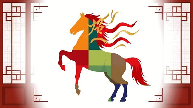Vibrant Chinese Zodiac Horse silhouette vector illustration featuring geometric color blocks and flowing ribbons against a classic Asian lattice window background