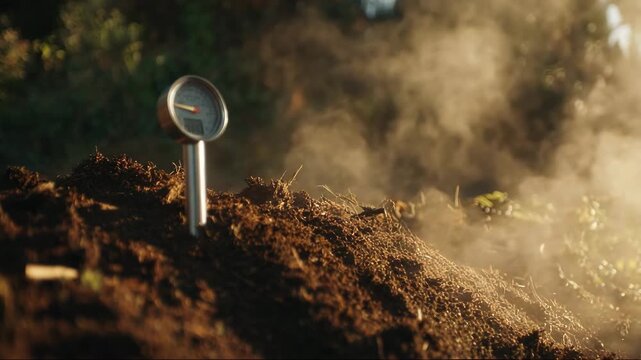 Soil thermometer measuring temperature in garden compost pile  