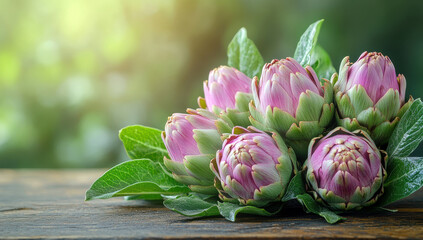 Pink-tinted artichoke blossoms resting on weathered wooden surface, soft green background highlighting botanical delicate floral details