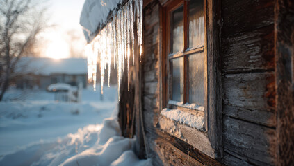 Crystalline icicles dangling from wooden cabin roof, catching golden winter light and reflecting pristine snowscape