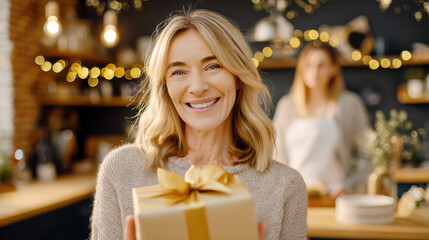 Happy woman holding a wrapped gift box, celebrating a holiday or special occasion at home with warm bokeh lighting