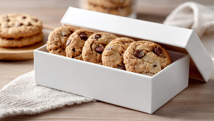 Oatmeal cookies nestled in white packaging, accompanied by steaming coffee and rustic pine cone, evoking warm, homemade comfort and inviting relaxation