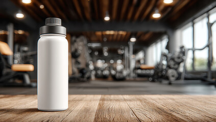 Staying hydrated at gym, white reusable water bottle on wooden floor with blurred fitness equipment in background