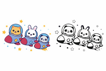Fototapeta premium Kawaii animal astronaut characters in rockets coloring set