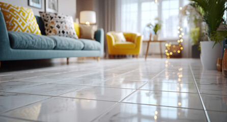 White marble floor tiles reflecting light in a modern living room, creating a sense of elegance and spaciousness
