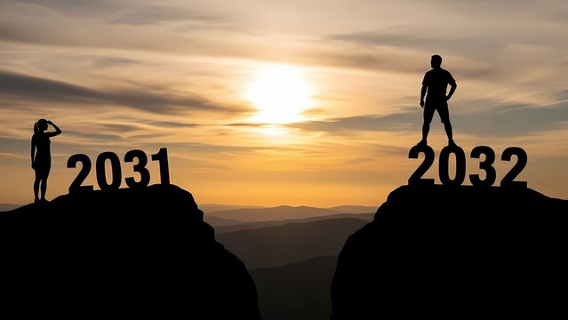 Two silhouetted figures standing on cliffs labeled 2031 and 2032 during a sunset
