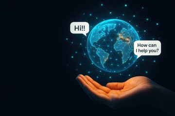 Global Digital Assistant: A human hand gently cradles a glowing digital representation of planet earth, encapsulated with thought bubbles that create a dialogue of interaction and assistance.