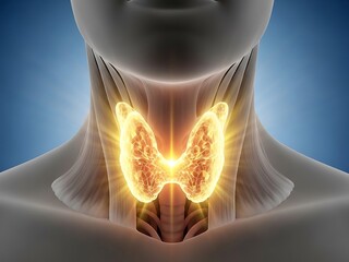 Detailed 3D rendering of a human thyroid gland highlighted in the neck region from a front view perspective