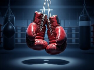 Red boxing gloves suspended from ropes in a dimly lit gym environment with punching bags