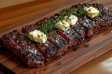 A perfectly cooked steak garnished with fragrant herbs and rich butter, presented on a wooden board, exemplifying culinary excellence and indulgence.