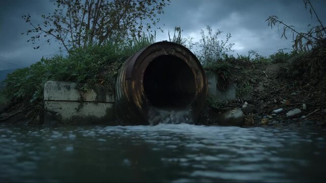 Rusty drain pipe releasing water into murky pond under cloudy sky  