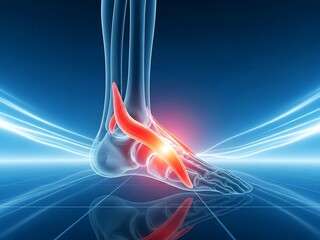 X-ray View of Injured Ankle with Pain Highlighted in Red on Blue Background