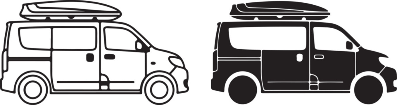 Set of Minivan with Roof Box Icons Isolated on White Background. Family Car with Cargo Carrier Vector Symbol.