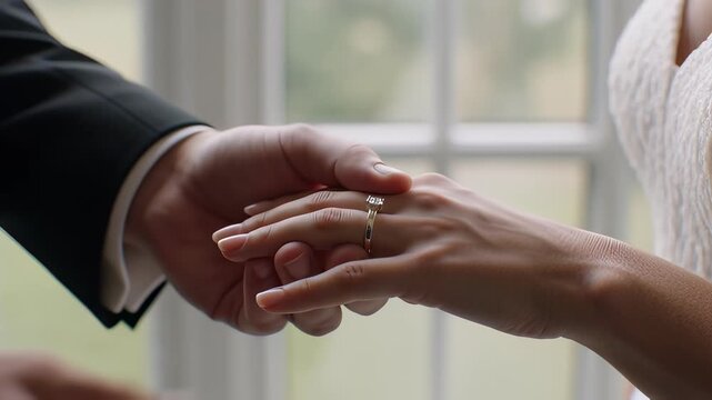 Close up of a groom gently placing a wedding ring on a bride's finger in soft window light, capturing a romantic moment of marriage commitment.