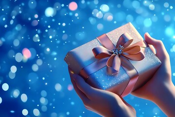 A person, with delight in their eyes, holds a beautifully wrapped gift adorned with a ribbon, set against a sparkling blue background that adds to the excitement of giving.