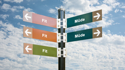 Fototapeta premium Signposts the direct way to Fit versus Tired
