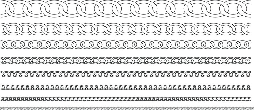 Set of black and white vector chain link patterns and seamless brush strokes in various sizes for jewelry design and industrial borders.