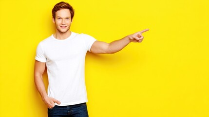 Naklejka premium full-body photograph of a happy man wearing a white blank t-shirt, pointing at his shirt against a yellow background. 