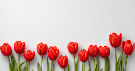 Red tulips forming a bottom border on white background with copy space creating a spring floral arrangement concept