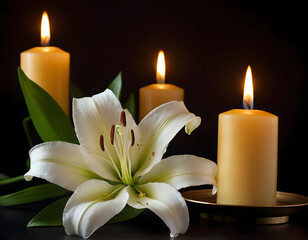 Beautiful lily and burning candle on dark background with space for text. Funeral white flowers. white lily on black background with candle burning