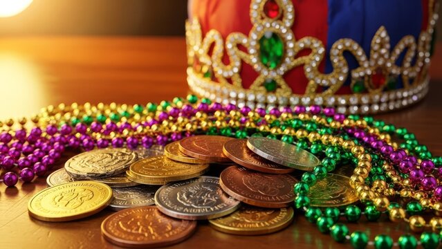 A colorful mardi gras crown and beads with coins on a wooden table