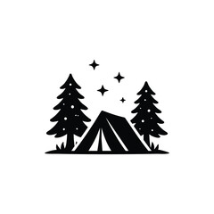 Obraz premium Night camping landscape with tent pine trees and stars black and white vector illustration