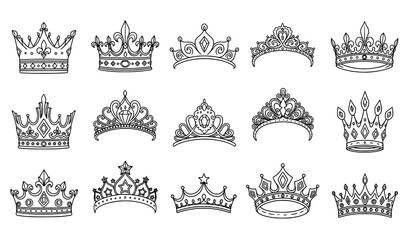 Decorative royal crown and tiara doodle icon set © MD