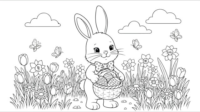 Easter sunday celebration with happy bunny holding eggs in grass field