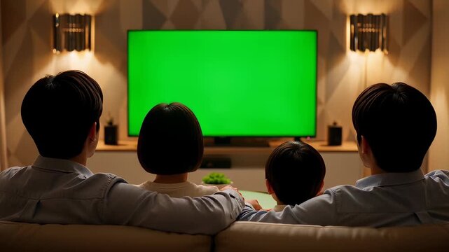 Back view of a family sitting on a sofa watching a green screen TV in a cozy living room with warm lighting, designed for chroma key replacement.