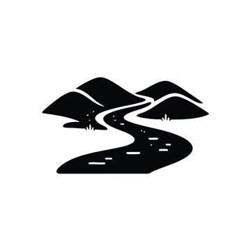 Black and white mountain landscape with winding road minimalist vector illustration