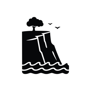 Cliff landscape with tree and sea waves black and white vector illustration