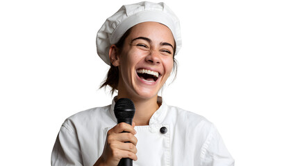 Joyful female chef in uniform laughing heartily while holding a microphone