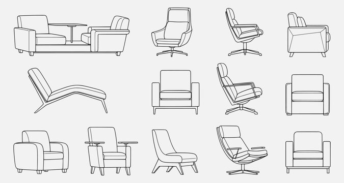 Collection of minimalist line art furniture illustrations showcasing various chairs and sofas in a simple, modern design aesthetic