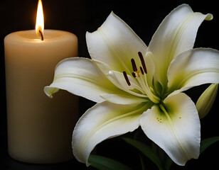 Beautiful lily and burning candle on dark background with space for text. Funeral white flowers. white lily on black background with candle burning