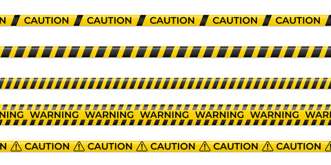 3D yellow warning tape with black hazard stripes isolated on transparent background, featuring realistic caution ribbon texture ideal for construction zones, danger markings, restricted areas and secu