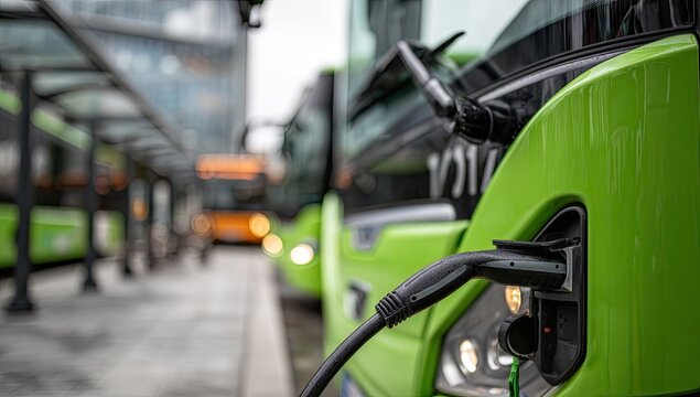 Electric bus charging at a modern urban station, green vehicles connected