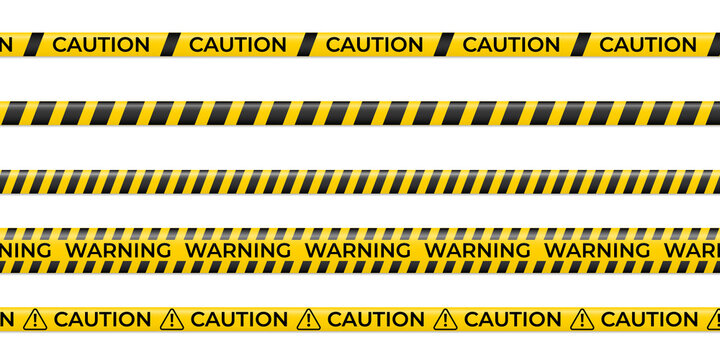 3D yellow warning tape with black hazard stripes isolated on transparent background, featuring realistic caution ribbon texture ideal for construction zones, danger markings, restricted areas and secu