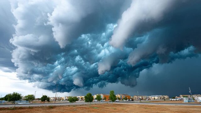 Clouded Horizon: An awe-inspiring panorama of a tempestuous sky, filled with towering, dark clouds, suggesting the raw power of nature's forces, with a tranquil foreground.