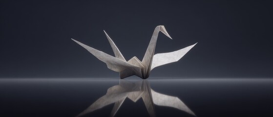 Fototapeta premium Exquisitely Crafted Minimalist Origami Crane Resting on Reflective Surface with Dark Background
