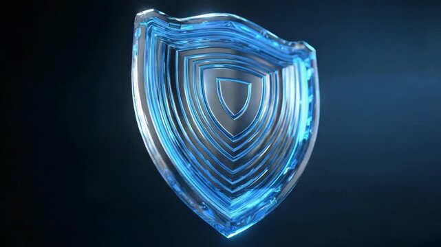 Shield of Security: A gleaming, blue-toned shield, crafted with layers of precision, symbolizes protection and unwavering security against a backdrop of shadowed darkness. 