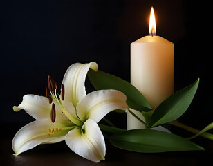 Beautiful lily and burning candle on dark background with space for text. Funeral white flowers. white lily on black background with candle burning
