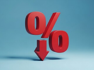 3D red percent sign with downward arrow on blue background, indicating decrease in percentage