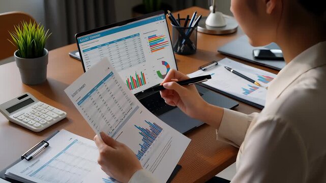 Professional Asian woman financial advisor analyzing a budget summary document and digital charts on a laptop screen in a modern office, representing accounting and business planning concepts.
