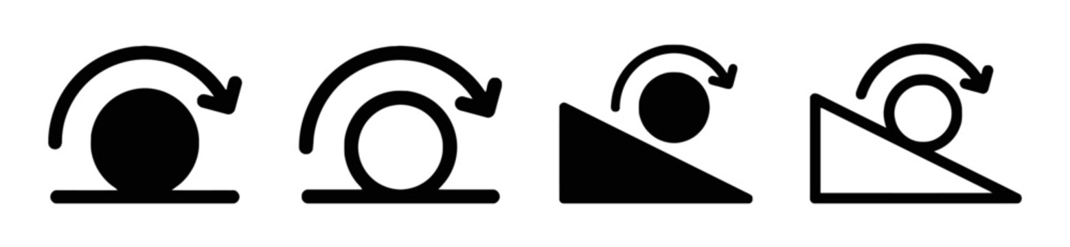 Rolling Circle or Ball Icons Demonstrating Motion Physics Mechanical Movement Rolling Down or Up An Incline Plane Vector Illustrations Isolated on White Background