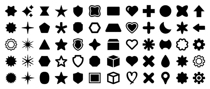 Set of basic geometric shapes in black color for graphic designs decoration with stars shields hearts circles pentagons hexagons drops arrows location gears and other elements