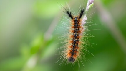 Fuzzy orange and black caterpillar on a leaf, close-up for nature and wildlife concepts