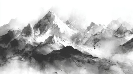 Obraz premium Monochrome ink wash mountain landscape with misty peaks and shadows.