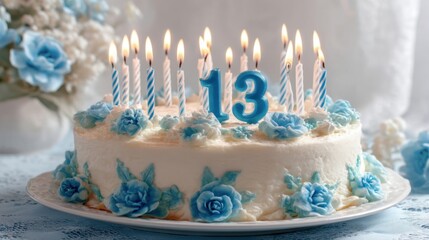 Blue rose birthday cake with candles for 13th celebration.