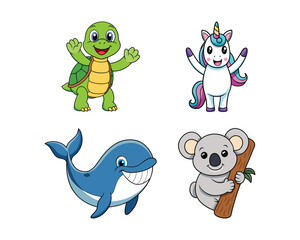 happy turtle, unicorn, whale smiling, koala hugging waving cartoon vector illustration design Colorful Set collection © Rasel
