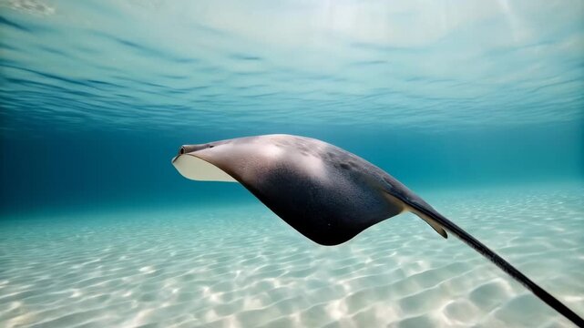 Stingray gracefully glides through clear turquoise ocean water above a sunlit sandy seafloor